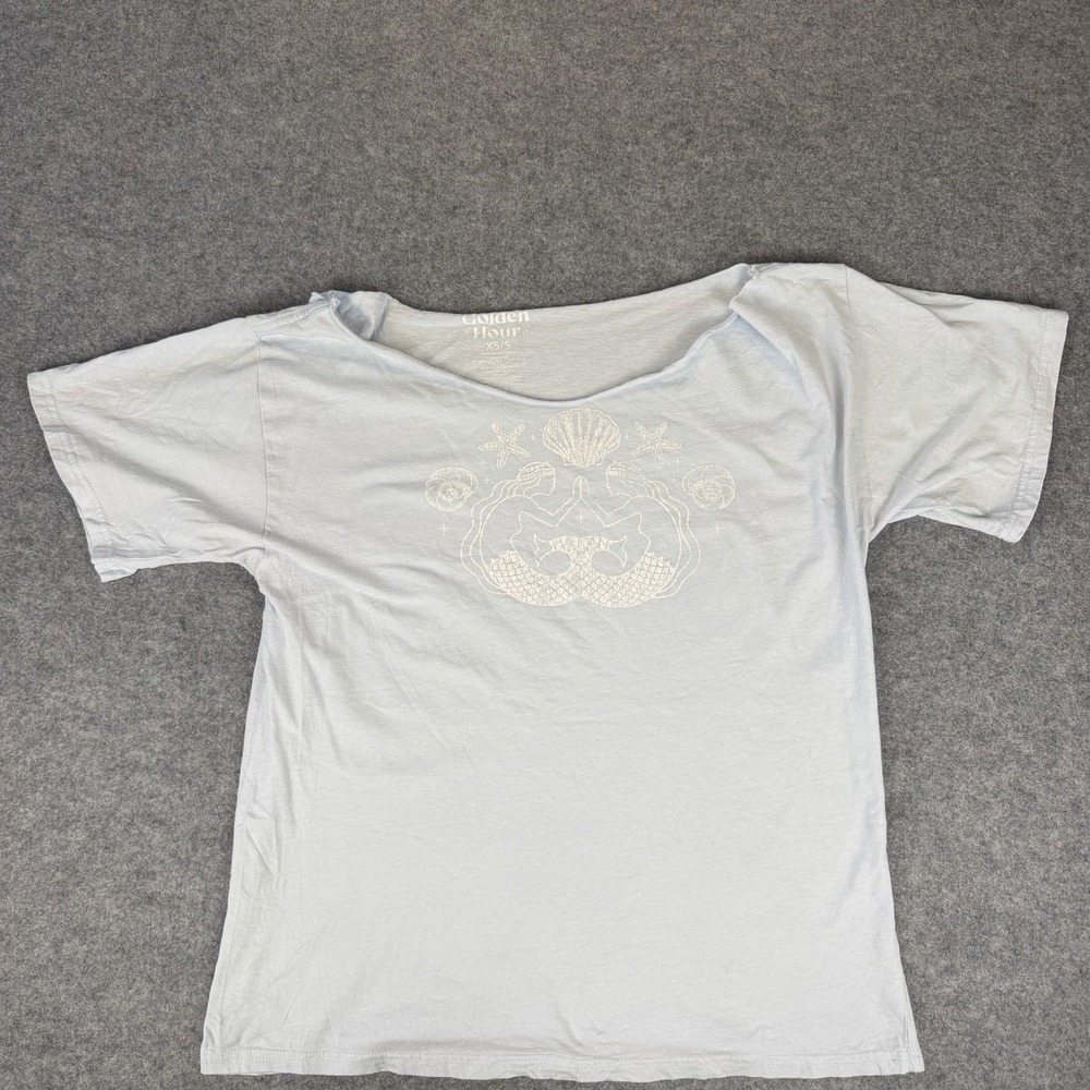 Golden Hour Shirt XS Light Blue Mermaid Shell Graphic T-Shirt Short Sleeve Tee